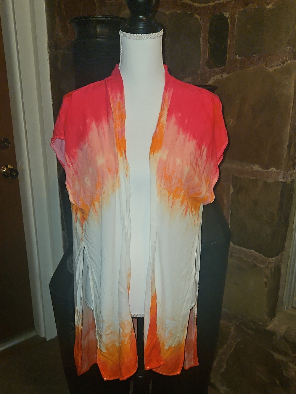 Open-Front Tie-Dye Short Sleeve Coverup In Pink, Orange & White